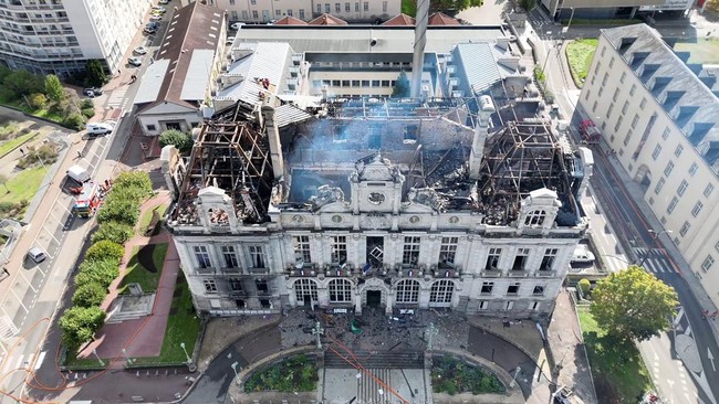 This handout screen grab from video footage released on October 18, 2026 by the SDIS 87 (Haute Vienne region fire departement) shows the destroyed Limoges city hall after being set on fire, a day after nationwide protests against the