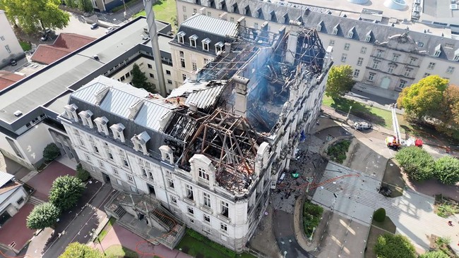 This handout screen grab from video footage released on October 18, 2026 by the SDIS 87 (Haute Vienne region fire departement) shows the destroyed Limoges city hall after being set on fire, a day after nationwide protests against the