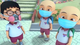 Upin Ipin pakai masker soal jerebu hutan.