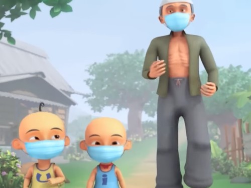 Upin Ipin pakai masker soal jerebu hutan.