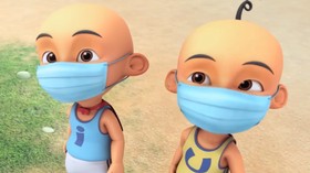 Upin Ipin pakai masker soal jerebu hutan.
