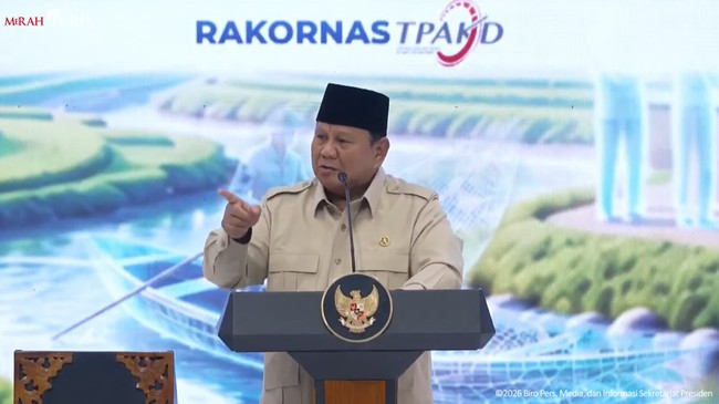 Presiden Prabowo Subianto berpidato di Rakornas TPAKD Tahun 2026, Jakarta, 22 Oktober 2026.