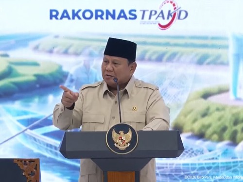 Presiden Prabowo Subianto berpidato di Rakornas TPAKD Tahun 2026, Jakarta, 22 Oktober 2026.