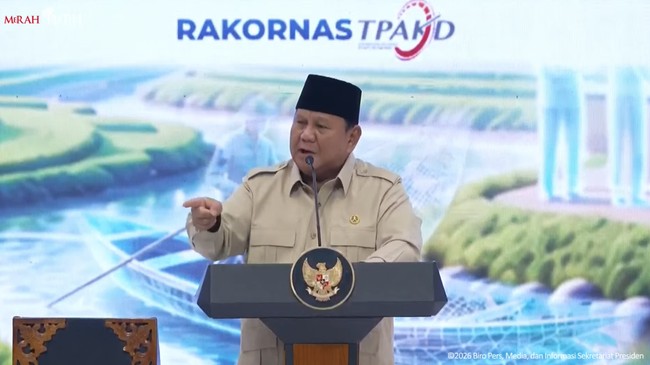 Presiden Prabowo Subianto berpidato di Rakornas TPAKD Tahun 2026, Jakarta, 22 Oktober 2026.
