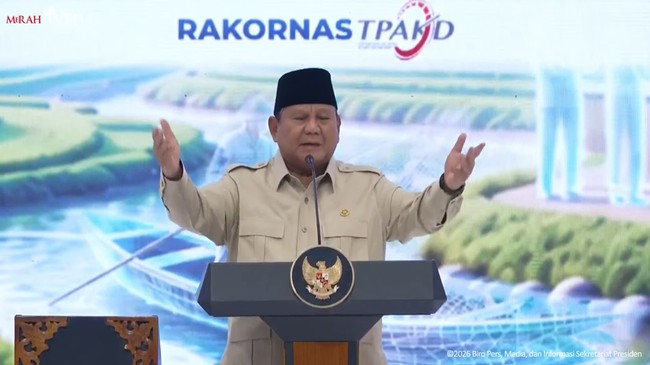Presiden Prabowo Subianto berpidato di Rakornas TPAKD Tahun 2026, Jakarta, 22 Oktober 2026.