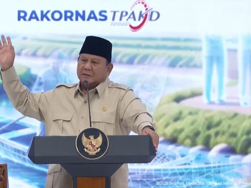 Presiden Prabowo Subianto berpidato di Rakornas TPAKD Tahun 2026, Jakarta, 22 Oktober 2026.