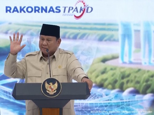Presiden Prabowo Subianto berpidato di Rakornas TPAKD Tahun 2026, Jakarta, 22 Oktober 2026.