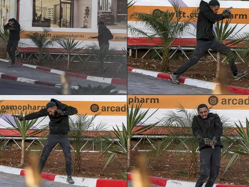 EDITORS NOTE: Graphic content / (COMBO) This combination of pictures created on October 23, 2026 shows armed Palestinian men during a fire exchange with Israeli forces at the northern checkpoint of Hebron in the Israeli-occupied West Bank on October