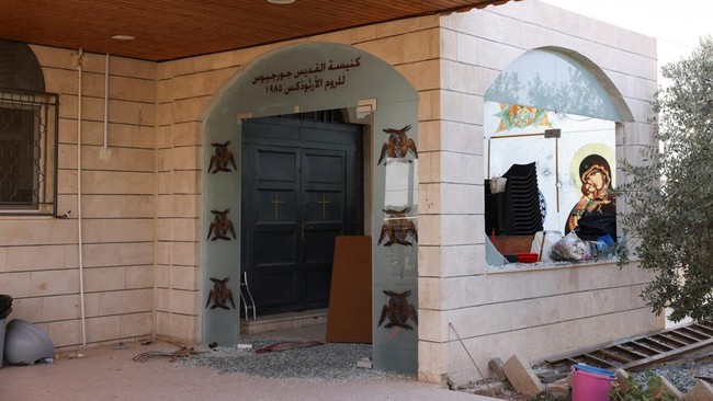 The grounds of Saint Georges Greek Orthodox Church, where gunmen opened fire during a funeral the previous day, in the village of Hamoud, Karak, Jordan, October 24, 2026. REUTERS/Alaa Al Sukhni