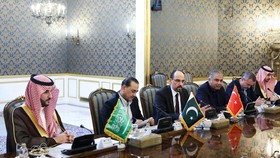Saudi Arabia's Defence Minister Prince Khalid bin Salman, Chief of Defence Forces of Pakistan, Field Marshal Asim Munir and Turkish intelligence chief Ibrahim Kalin attend a meeting with Iranian President Masoud Pezeshkian in Tehran, Iran, October 26