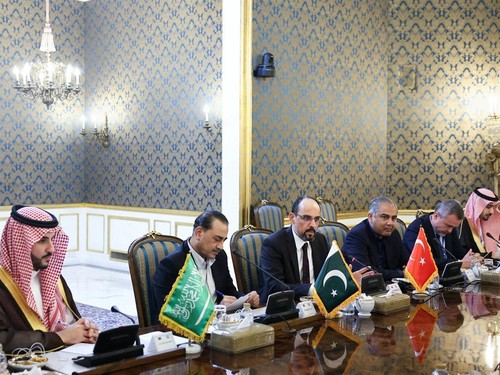 Saudi Arabia's Defence Minister Prince Khalid bin Salman, Chief of Defence Forces of Pakistan, Field Marshal Asim Munir and Turkish intelligence chief Ibrahim Kalin attend a meeting with Iranian President Masoud Pezeshkian in Tehran, Iran, October 26