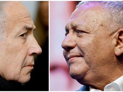 A combination picture shows Israeli Prime Minister Benjamin Netanyahu as he attends a memorial service held for Ran Gvili, an off-duty police officer who was killed fighting militants that had infiltrated Israel during the deadly October 7, 2023, att