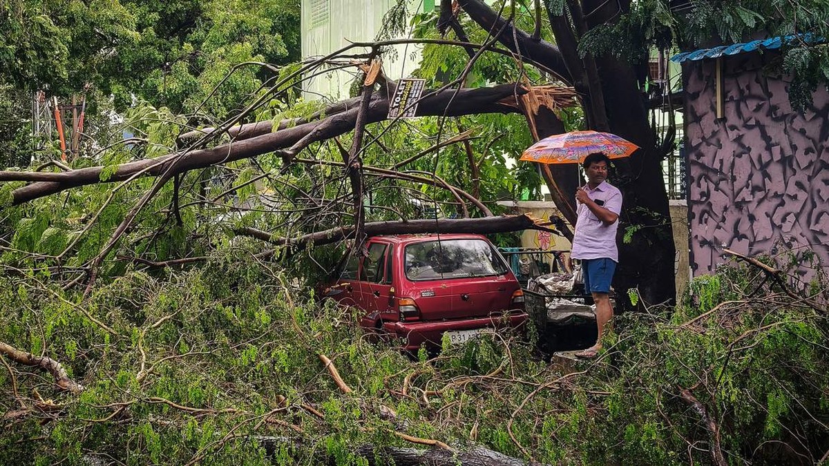 A man stands next to a vehicle damaged by a fallen tree following Cyclone Arnab, in Visakhapatnam, Andhra Pradesh, India, October 28, 2026. Picture taken with a mobile phone. REUTERS/Stringer