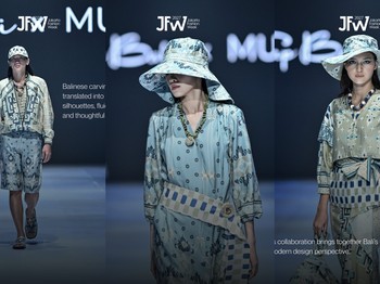 Kolaborasi Cap Bali x Musa memadukan warisan budaya Bali yang kaya dengan perspektif desain modern. Ukiran khas Bali diterjemahkan ke dalam siluet yang clean, garis-garis yang luwes, serta pola-pola yang dirancang dengan cermat./Foto: Instagram/jfwofficial