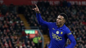Chelsea's English midfielder #17 Morgan Rogers celebrates scoring the team's first goal during the English League Cup fourth round football match between Liverpool and Chelsea at Anfield in Liverpool, north west England on October 28, 2026. (Photo by