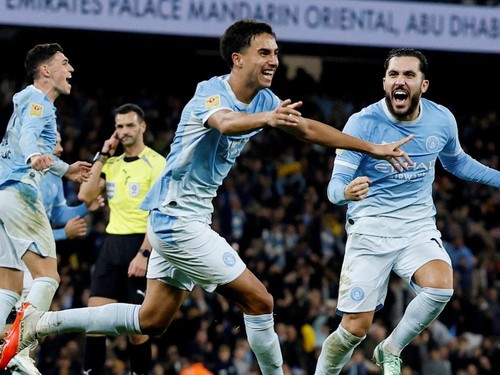Soccer Football - Carabao Cup - Fourth Round - Manchester City v Brighton & Hove Albion - Etihad Stadium, Manchester, Britain - October 28, 2026Manchester City's Vitor Reis celebrates scoring their second goal with Rayan Cherki Action Images via Reut