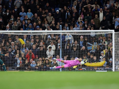 Soccer Football - Carabao Cup - Fourth Round - Manchester City v Brighton & Hove Albion - Etihad Stadium, Manchester, Britain - October 28, 2026 Brighton and Hove Albion's Yasin Ayari has his penalty saved by Manchester City's Geronimo Rulli during a