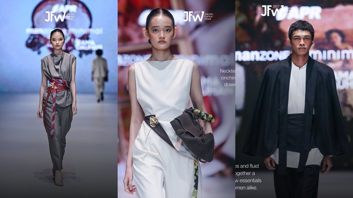 Manzone & Minimal x Rama Dauhan menghadirkaan busana dengan siluet yang clean serta potongan busana yang luwes. Dasi digunakan sebagai pengganti ikat pinggang, melingkari pinggang dan menarik perhatian melalui lapisan warna yang dipadukan./Foto: Instagram/jfwofficial