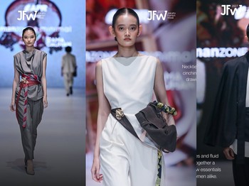 Manzone & Minimal x Rama Dauhan menghadirkaan busana dengan siluet yang clean serta potongan busana yang luwes. Dasi digunakan sebagai pengganti ikat pinggang, melingkari pinggang dan menarik perhatian melalui lapisan warna yang dipadukan./Foto: Instagram/jfwofficial