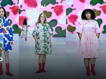 Jenama asal Finlandia, Marimekko, menghadirkan motif floral abstrak dan garis-garis tegas, mendefinisikan corak ikonik di atas panggung. Warna-warna yang berani dan cerah terinspirasi oleh semangat musim panas serta menghadirkan nuansa khas Skandinavia/Foto: Instagram/jfwofficial