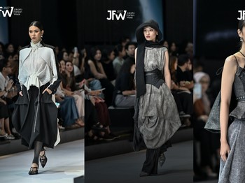 Natalia Kiantoro mempertemukan sisi feminin dengan sisi maskulin melalui siluet androgini yang dibentuk oleh garis-garis melengkung dan wujud yang terstruktur. Paduan warna terang dan gelap hadir bersisian, sementara perpaduan antara kain bertekstur dan kain yang halus menciptakan dialog kontras lainnya./Foto: Instagram/jfwofficial