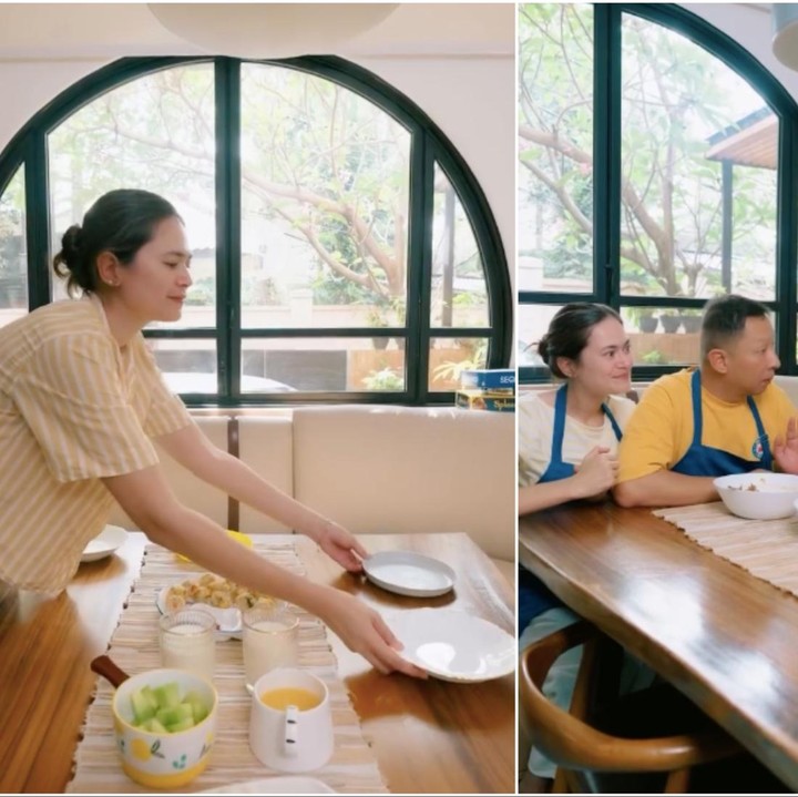 <p>Sudut lain yang juga <em>Instagramable</em> adalah ruang makan. Ruangan ini didesain dengan sentuhan minimalis kontemporer, yang banyak didominasi warna netral. Ruang makan ini juga dirancang agar menyatu dengan alam luar melalui penggunaan jendela lengkung besar yang unik. Jendela ini memberikan pencahayaan alami di ruang makan. (Foto: Instagram @ringgoagus @sabaidieter)</p>