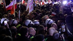Police stand guard outside the premises of Poland's Constitutional Tribunal after the tribunal said on its website that the tribunal's president Bogdan Swieczkowski, who was a deputy justice minister under the Law and Justice (PiS) government, had be