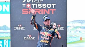 Red Bull KTM Factory Racing's Spanish rider Pedro Acosta gestures on the podium following the sprint race of the MotoGP Malaysian Grand Prix at the Sepang International Circuit in Sepang on October 31, 2026. (Photo by MOHD RASFAN / AFP)