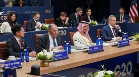 Mexico's Foreign Minister Roberto Velasco, Russia's Foreign Minister Sergei Lavrov, Saudi Arabia's Foreign Minister Faisal bin Farhan, Turkey's Foreign Minister Hakan Fidan attend the G20 Foreign Ministers' Meeting in Atlanta, Georgia, US, October 30