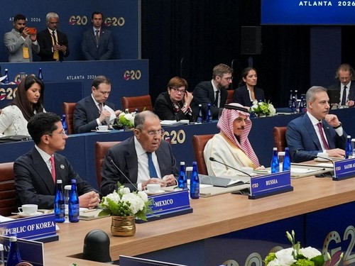 Mexico's Foreign Minister Roberto Velasco, Russia's Foreign Minister Sergei Lavrov, Saudi Arabia's Foreign Minister Faisal bin Farhan, Turkey's Foreign Minister Hakan Fidan attend the G20 Foreign Ministers' Meeting in Atlanta, Georgia, US, October 30